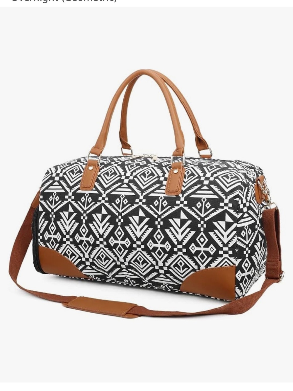 Stylish Black & White Geo Travel Weekender Bag with Tan Accents